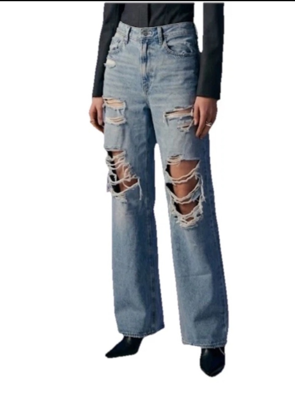 NWT American Eagle High-Rise Blue Distressed Baggy Wide -Leg Jeans 8 Long